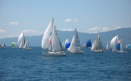 Sailboats in Rijeka, Croatia - sea, mountains, blue, sailboats