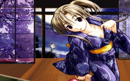 Japana Night - purple, girl, anime, smile, brunette, kimono