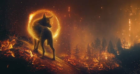 Fire - flames, forest, art, wolf