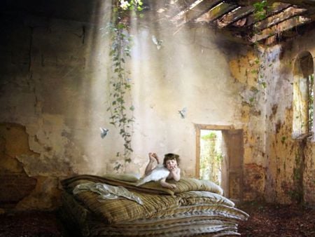 Sweet sleep - bed, angel, baby, light, flowers, birds