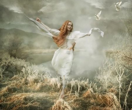 Flying away - clouds, pretty, birds, girl, beautyfull, flowers, white, woman, wings, sky