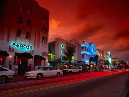 neon night - miami, red, lights, night, life