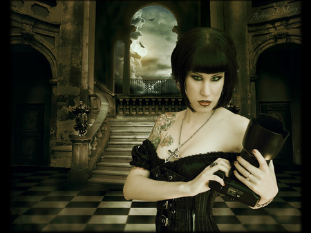 Call Me Avelina - goth, clouds, necklace, birds, woman, arch, gothic