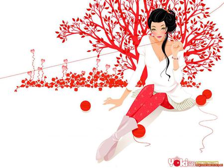 yarn ball girl - girls, fragrance, heart, hair, eyes, colorful, stockings, face, art, cool, scent, artistic, vectors, tender touch, gentle, chic, yarnball, beautiful, leaves, sweet, dress, women, trees, lips, female, socks, leaf, softness, pretty, anime, paintings, cute, love, girl, ball, lovely, cg, yarn, red, flowers, digital, illustrations, colors