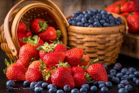 Strawberries - fruits, basket, blue berries, strawberries