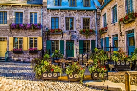 Oldtown of Quebec, Canada - houses, street, flowers, lamps