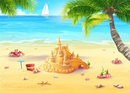 Sand Castle  on the Beach - sail, trees, boat, ocean, sand, crabs, castle, palm