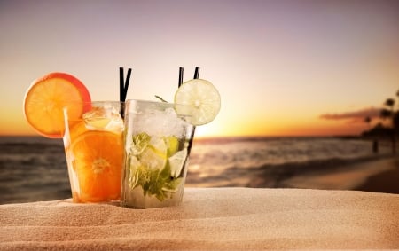 Cocktail at Sunset - Glasses, Sand, Cocktail, Beach, Sea