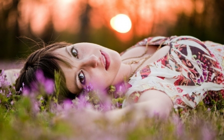 Splendour in the Grass - trees, patterned ress, necklace, sunset, laying on the grass, brunete