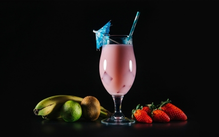 Cocktail - glass, kiwi, banana, umbrella, berries