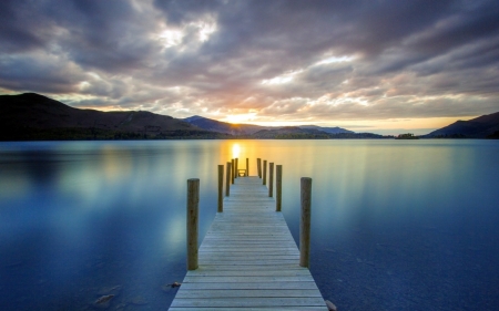 Lake at Sunset - lake, pier, sunset, clouds