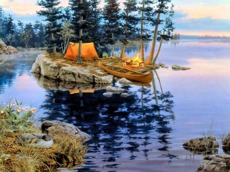 Once in a Lifetime - tent, duck, trees, campfire, painting, wilderness, artwork, river, boat