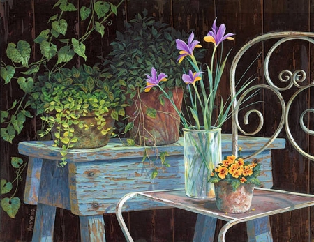 Irises - painting, chair, artwork, flowers, workbench