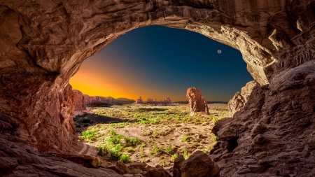 Sunset with Moon at Delicate Arch - arch, moon, nature, utah, park, sunset