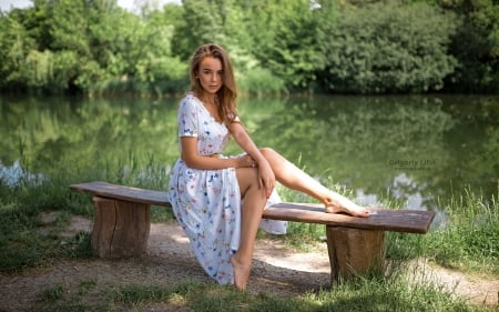 Unknown Model - lake, bench, wallpaper, gorgeous, model, beautiful, woman, dress