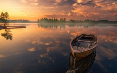 Boat in a silent lake - water, lake, sunset, evening