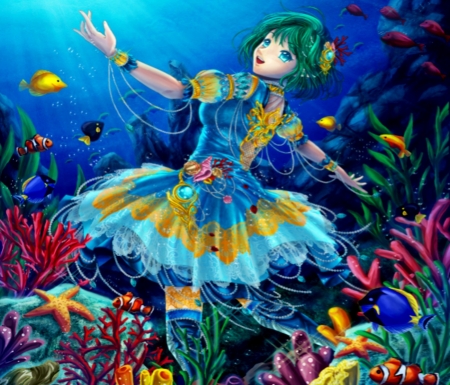 Water - woman, yellow, blue, pink, water, fish