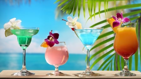 Tropical Cocktails - summer, flowers, glasses, referring