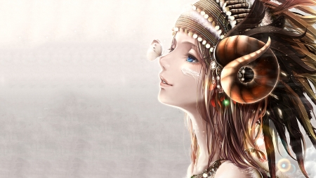 Connection of Souls - Sweet, Headwear, Lovely, Brown Hair, Anime, Bouno, Long Hair, Tribal, Bouno Satoshi, Beautiful, Pretty, Butterfly, Blue Eyes, Feathers, Girl, Horns, Satoshi