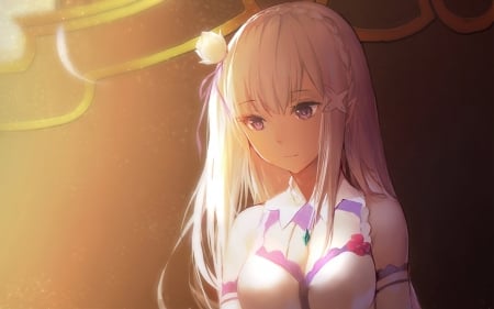 FÊ€á´á´¢á´‡É´ ÉªÉ´ TÉªá´á´‡ - beauty, emilia, sunset, re zero, amazing, evening, pretty, anime, swd3e2, cute, purple eyes, girl, light, lovely, purple dress, beautiful, headwear, sweet, smile, happy, flower