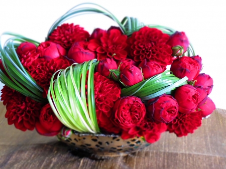 Red bouquet - peony, dahlias, roses, red