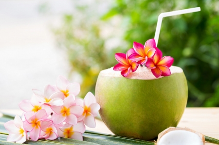 Coconut with plumeria - coconut, beach, flowers, referring