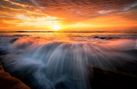 Seaside Sunset - clouds, water, beach, waves, sun, sky