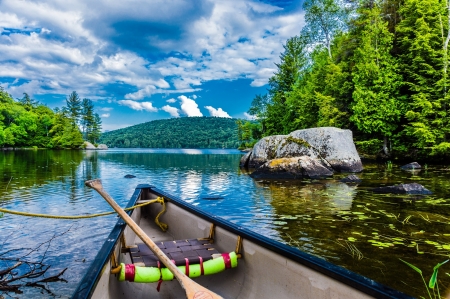 River in Quebec, Canada - clouds, trees, water, boat, sky