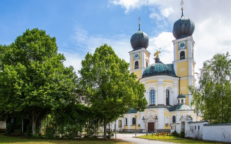 Benedictine Abbey in Germany - trees, church, Germany, monastery