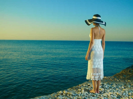 Woman with hat - Elegant, Woman, Standing, Beach