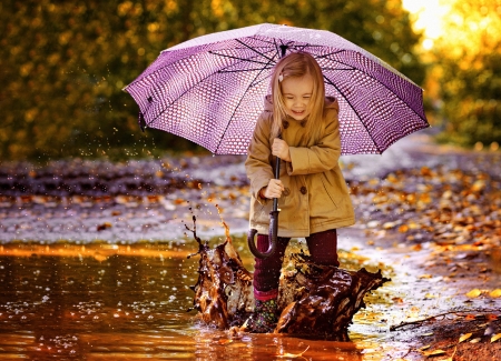 Little Girl - Girl, Mud, Joy, Rain, Umbrella