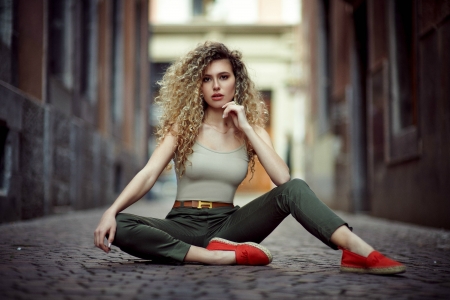 Model with Red Running Shoes - outdoors, red, model, running shoes, blonde