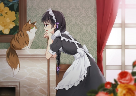 Maid & The Kitty - cat, glasses, blushing, long hair, fireplace, anime girl, black hair, big eyes, maid outfit, anime maid, green eyes, anime cat, anime, flowers, maid