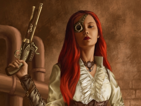 Fantasy Girl - eyes, pistol, art, steampunk