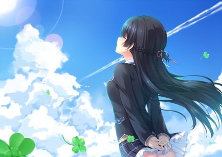 Mito Tsukino - Anime Girl, Clouds, Blushing, Anime, Jet Trail, Sunlight, Long Hair, Eyes Closed, Seifuku, Sky, Black Hair, Nijisanji, Tsukino, Mito Tsukino, Mito, School Uniform, Fouleaf Clover