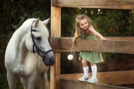 Little Girl  - fence, girl, horse, dandelion