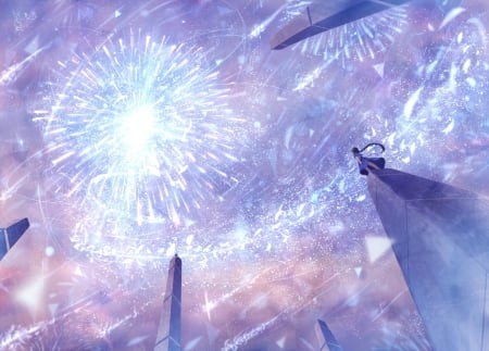 Fireworks - white, girl, bou nin, luminos, blue, anime, fireworks, manga