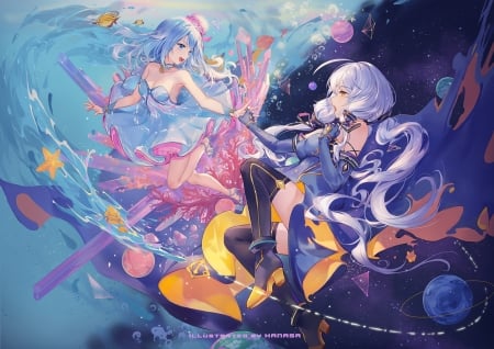 Underwater - anime, water, summer, blue, girl, pink, manga, fish, couple, vara