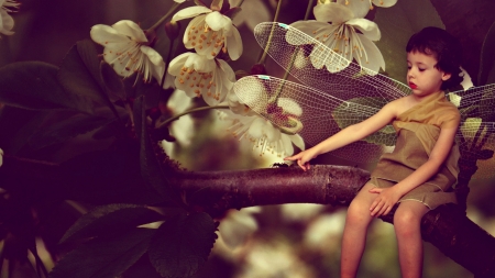 :-) - spring, flower, tree, boy, fantasy, wings, fairy, cute, vabo2040