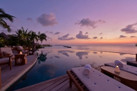 maldives - nature, maldives, beach, trees, clouds, magic, sunset, pool