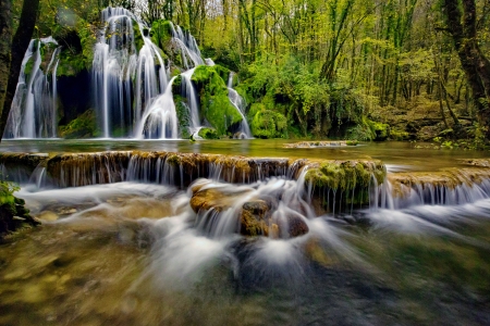 Forest waterfall - cascades, forest, trees, beautiful, water, waterfall