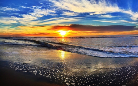 Seaside Sunset - sky, beach, reflection, sun, clouds