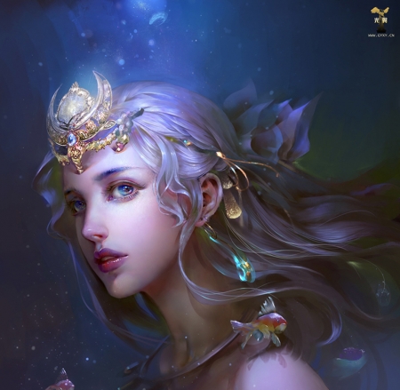 Sea princess - princess, vara, girl, gjschoolart, jewel, summer, fantasy, face, siren, blue, mermaid, fish, sea