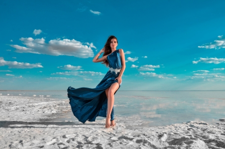 Unknown Model - woman, beach, clouds, beautiful, sand, model, babe, dress