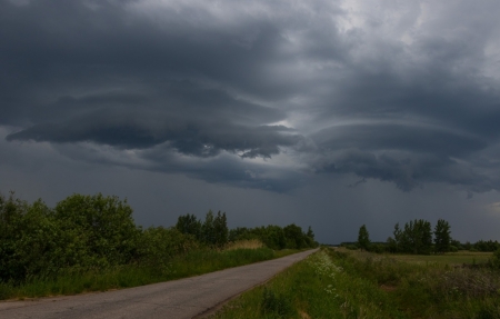 Dark clouds - nature, dark, road, clouds