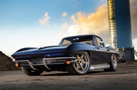 1964-Chevrolet-Corvette-Roadster - Dk Blue, Classic, Side Pipes, Bowtie, GM