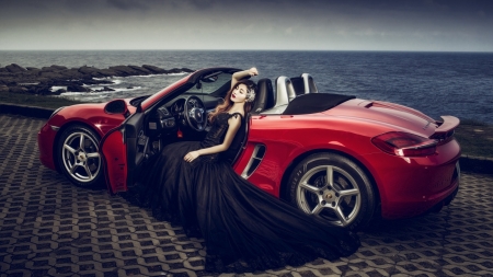 Beauty & Machine - Conv, Black Dress, Water, Red, Model