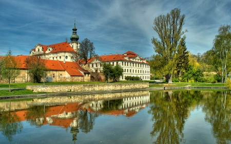 Brevnov Benedictine Monastery - lake, monastery, reflection, christian