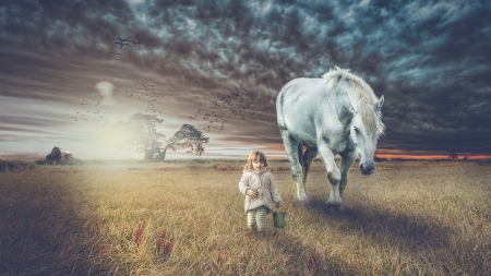 :-) - fantasy, cloud, girl, copil, imagine images, creative, horse, child