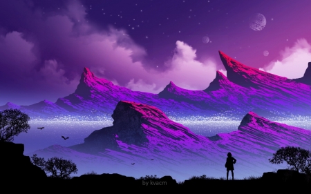 :-) - silhouette, cloud, mountain, pink, blue, luminos, fantasy